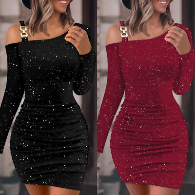 #ad Womens Cold Shoulder Sequin Ribbed Mini Dress Party Evening Cocktail Bodycon US $24.99