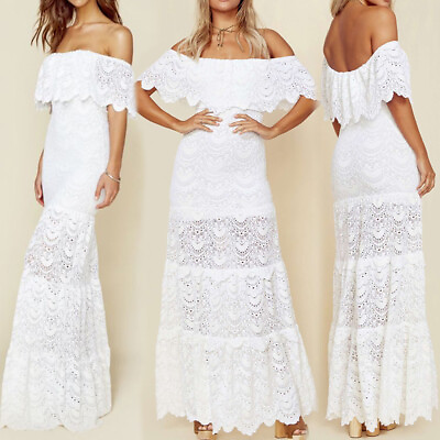#ad White Summer Beach Sundress Ruffle Women Lace Off Shoulder Maxi Evening Dress $19.99