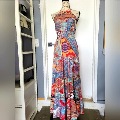 #ad Paisley Colorful Boho Summer Maxi Dress Size S $25.99