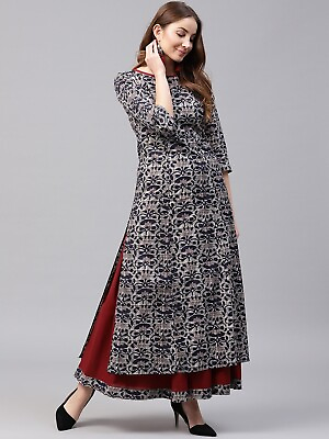 #ad Blue Printed Sleeve Cotton Kurta with Red Flared Skirt Pure Cotton For Party $36.30