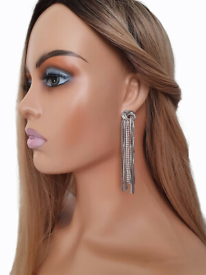 #ad #ad Pretty 9cm long SILVER amp; diamante knotted waterfall chain tassel drop earrings GBP 3.99