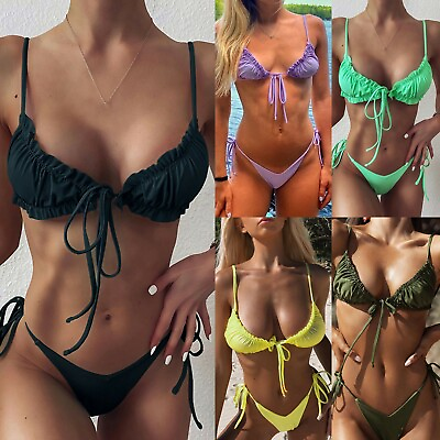 #ad Swimsuit Bikini Set Triangle Print Swimwear Women#x27;s Trendy Sexy Bathing Suit Bra $13.38