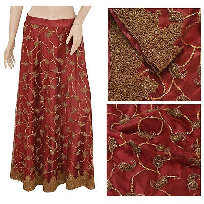 #ad Sanskriti Vintage Dark Red Long Skirt Net Mesh Hand Beaded Zari Stitched Lehenga $74.46