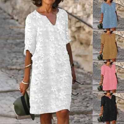 #ad Midi Dress A line Sundress Boho Dresses Women Summer Short Sleeve Holiday V Neck AU $22.53