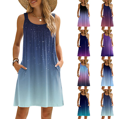 #ad Women Dress Summer Casual T Shirt Dress Beach Cover Up Sleeveless Vest Skirt $18.99