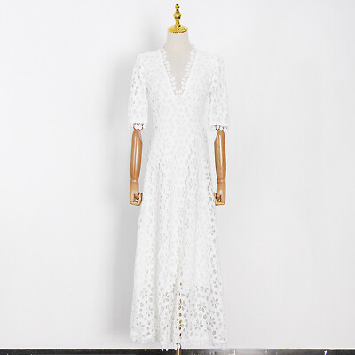 #ad Womens Short Sleeve White Crochet Lace V Neck Long Maxi Dresses A line Dresses $74.24