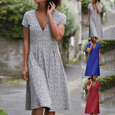 #ad Plus Size Womens Summer Short Sleeve Print Dress Ladies Beach Boho Midi Sundress $18.42