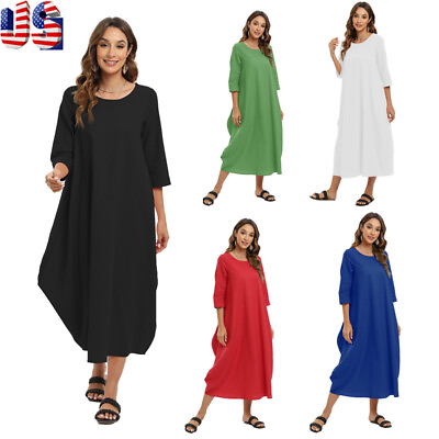 #ad Women#x27;s Long Sleeve Maxi Dress Ladies Solid Pockets loose Summer Sundress S 2XL $20.54