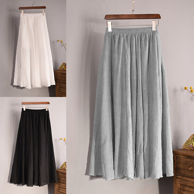 #ad Women Lady Maxi Skirt Cotton Linen Pleated Long Beach Elastic High Waist Dress $13.99