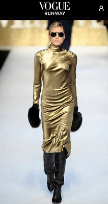 #ad Max Mara RUNWAY Italy Elegante Draped Gold Cocktail Dress Midi Turtlneck sz 6 US $329.99