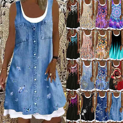 Womens Sleeveless Casual Mini Dress Ladies Summer Beach Floral Swing Sundress US $18.79