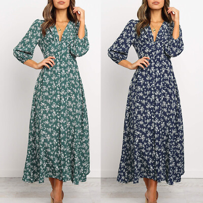 #ad 💙Women#x27;s Boho Frill Short Sleeve Floral Midi Dress Summer Holiday Sundress Size $3.74