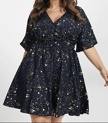 #ad NWT Bloomchic Gold Stars Printed Flared Short Length Boho Dress Plus Size 22 24 $28.00