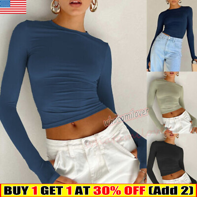 Womens Long Sleeve Crop Top T Shirt Soft Stretchy Slim Solid Crew Neck Plain Tee $11.08