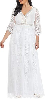 #ad Women#x27;s Plus Size Boho Maxi Floral Lace Bohemian Wedding Dress V Neck Flowy Long $147.40