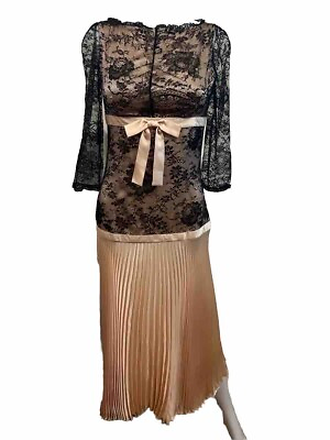 #ad VALENTINO ROMA Romantic Lace Satin Silk Pleats Peach Black Cocktail Dress 40 4 $300.00
