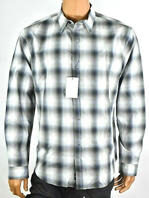 #ad DKNY Mens Party Shirt New L Shaded Plaid Gray Button up Collar Modern Party $20.69