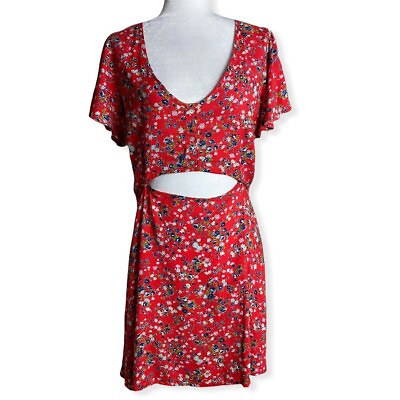 #ad Honey Punch Red Floral Waist Cutout Casual Mini Dress Cottagecore Women#x27;s Sz M $11.99