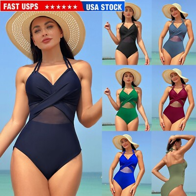 #ad Women#x27;s summer one piece swimsuit solid color mesh bikini swimsuit bikini SML5XL $23.96