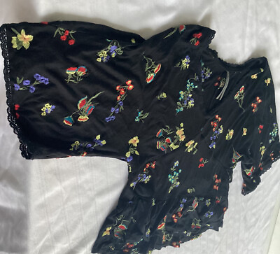 #ad Anthropologie Top S Floral Embroidered Boho Top Black Crop Romantic Goth $19.99