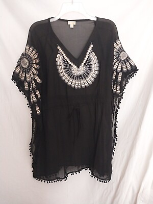#ad Ya Los Angeles Black Embrodered Beach Pool Swimsuit Coverup Large $10.62