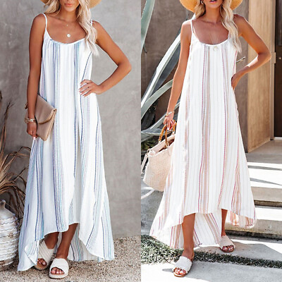 Women Strappy Striped Long Maxi Dress Ladies Summer Loose Beach Holiday Sundress $18.89