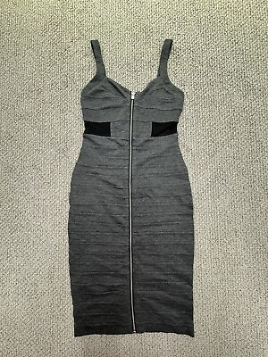 #ad Express Gray Bodycon Fitted Midi Dress Fishnet Cutout Party Dress Front Zip Sz 2 $15.20