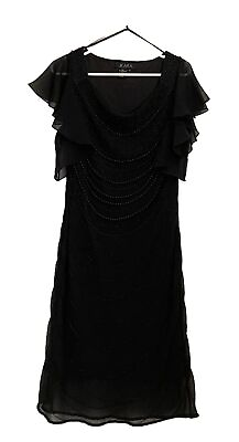 #ad JKARA Black Beaded Evening Dress Size 12 20quot; Flutter Sleeve Shift Sheath Gown $39.99