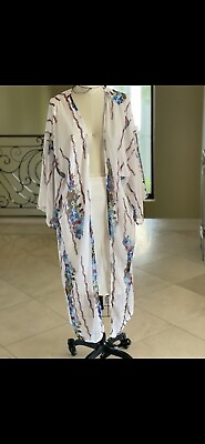 #ad Beach Kimono Coverup White Flowers Sheer Light Weight One Size $25.00