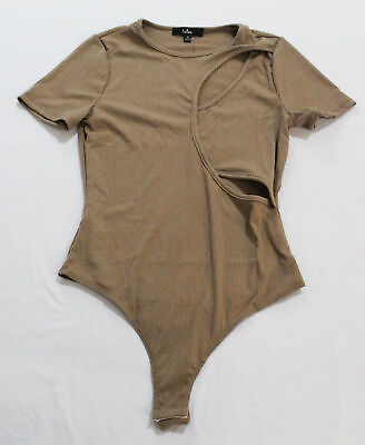 Lulus Women#x27;s Trendy Ribbed Asymmetrical Cutout Bodysuit AS9 Taupe Medium NWT $10.79