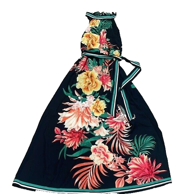 #ad Lulu#x27;s Tropical Conversation black tropical halter maxi dress size Large NWT $59.00
