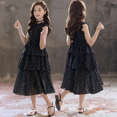 #ad Summer Casual Dress For Girls Sleeveless Lace Fashion Smocked Chiffon Beachwear $31.65