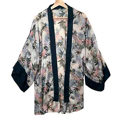 #ad Open Front Green Trim Floral Kimono Sheer Beach Cover Up $18.00