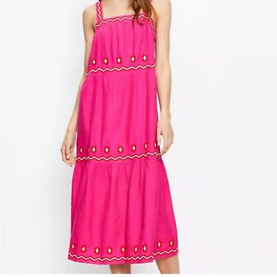 #ad Loft size XXS linen blend embroidered boho maxi dress bright Barbie pink… $35.00