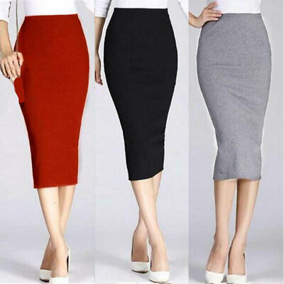 #ad Bodycon Dress High Waisted Midi Skirt Knee Length Plain Stretch Pencil Womens $13.65
