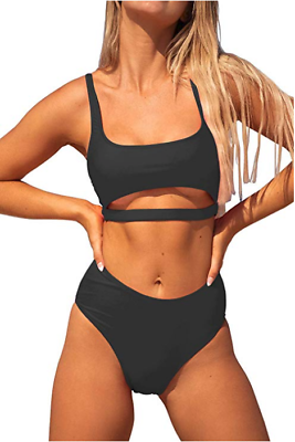 #ad #ad Womens High Waisted Swimsuits Sports Bathing Suits Cutout Crop Swimwear Strappy $14.99