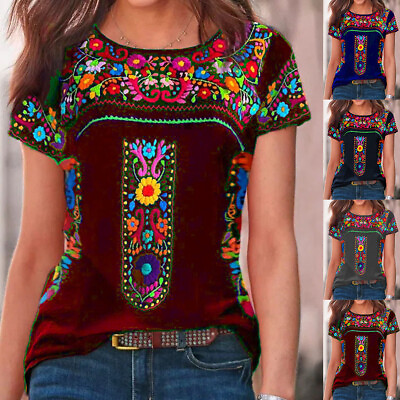 #ad Womens Boho Floral T Shirt Ladies Casual Baggy Tunic Tops Short Sleeve Blouse US $15.79