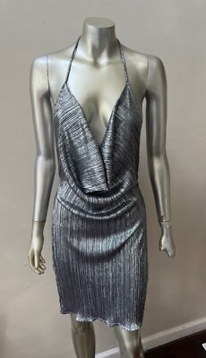 Lurex Metallic Crinkle Draped Cocktail party Silver Dress M $26.00