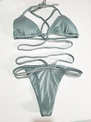 #ad Sage Green Strappy Padded Cheeky Bikini Set Size Small Removable Padding 389 $20.99