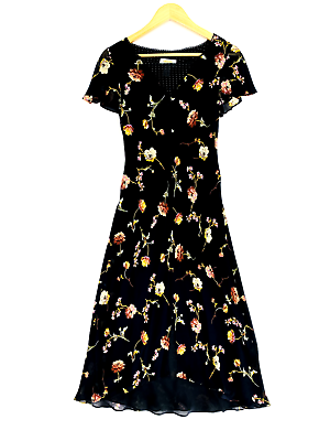 Talbots Petites Women’s Floral Dress Size 4P Black Short Sleeve V Neck $29.95
