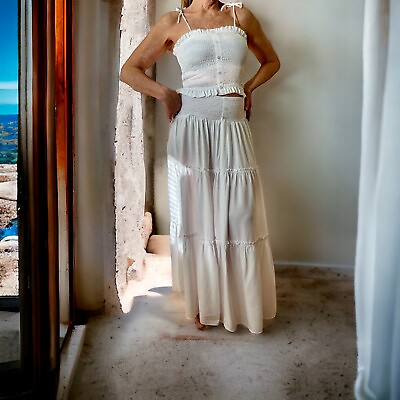 #ad #ad Gorgeous Matching Set White Rayon Boho Long Elastic Waist Skirt amp; Top Size S $69.00