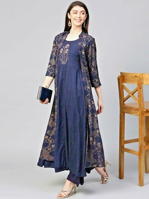 Blue Readymade anarkali suit With jacket designer kurti palazzo dress for party $30.97