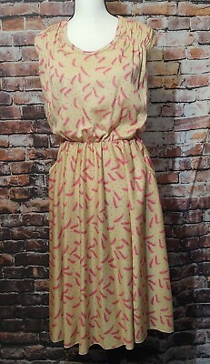 #ad VINTAGE 100% POLYESTER MAXI DRESS 1970s TAN PINK FEATHER DESIGN POCKETS $44.95