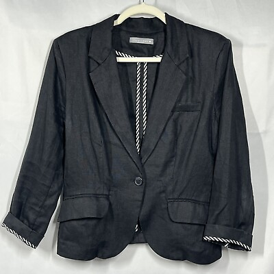 #ad Olivia Moon Nordstrom Black 100% Linen Blazer Size M Career Jacket Notch Lapel $28.99