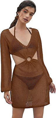#ad MakeMeChic Women#x27;s Crochet Cover Up Long Sleeve Knitted Swim Beach Cover Up Dres $52.78