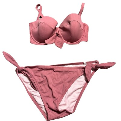 #ad Shade amp; Shore Pink Ribbed Bikini Push up Padded 32D top size Large Bottoms $15.99