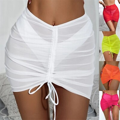 #ad New Cover Up Sheer Skirt drawstring Mesh Swimsuit Beach Women Wrap Bikini Skirt $9.16