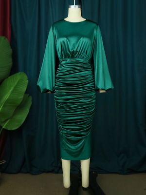 #ad 2023 Satin Long Dress Lantern Sleeve High Waist Soft Club Party Plus Size $68.28