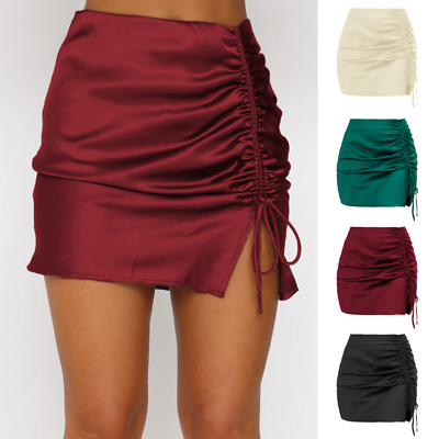 #ad Solid Color Pleated Hip Skirt Sexy High Waist Zipper Satin Skirt Women Summer $20.57