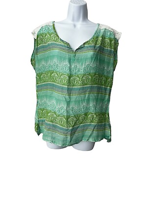 #ad prAna Womens Shirt Size Large Green Crochet Sleev Boho Casual Top Organic Cotton $19.00